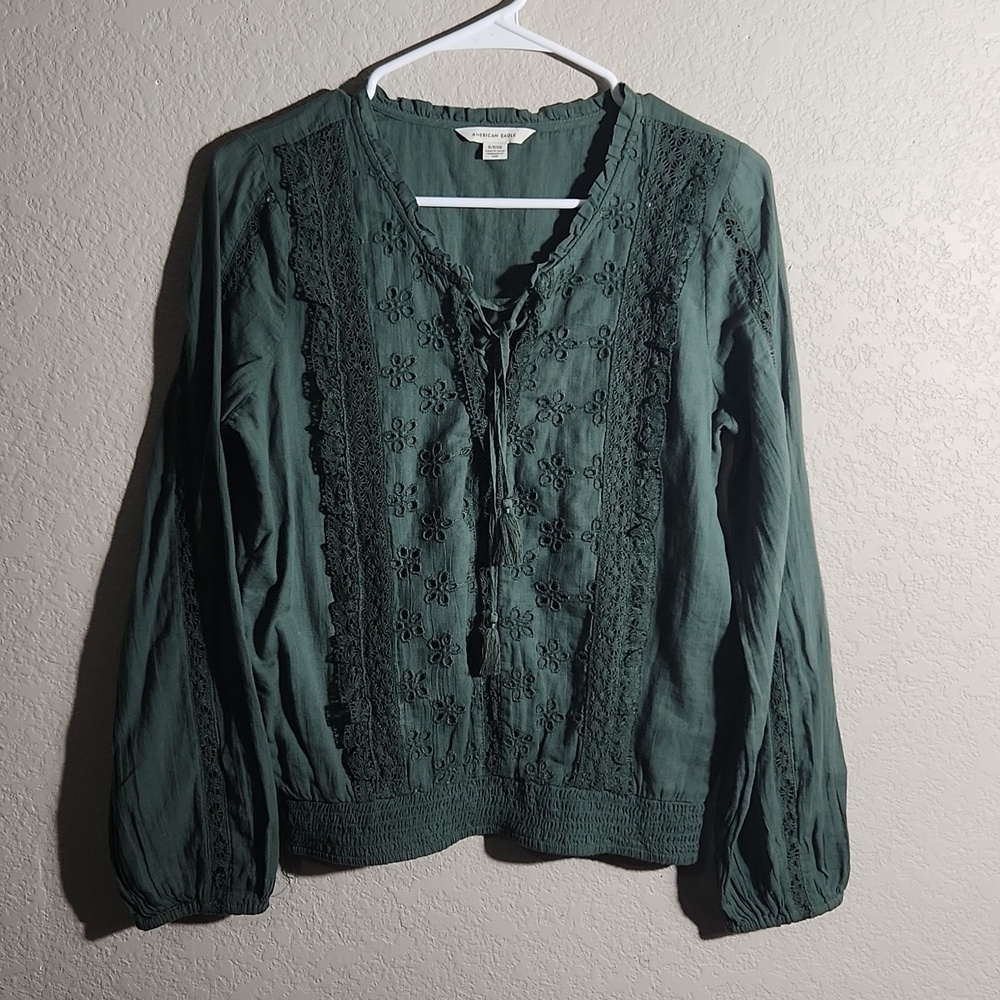 American Eagle Top Womens Size S blouse green Sheer lace eyelet lace up